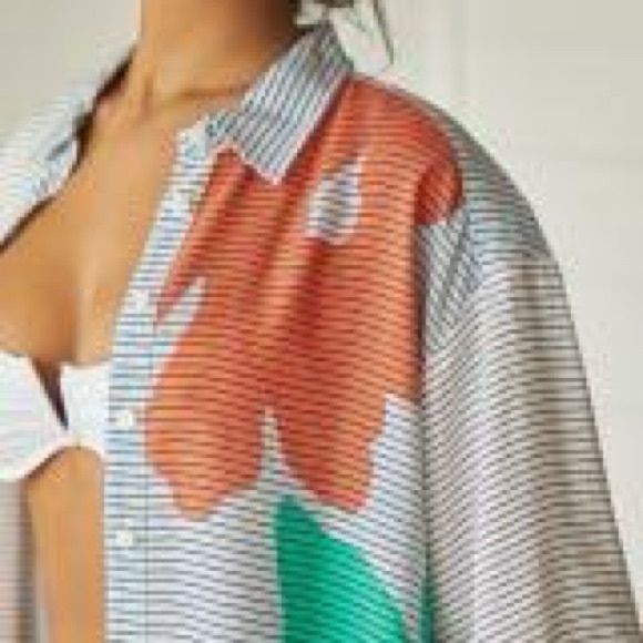 Anthropologie Striped Shirt with Orange and Green Floral Design - Picture 1 of 4